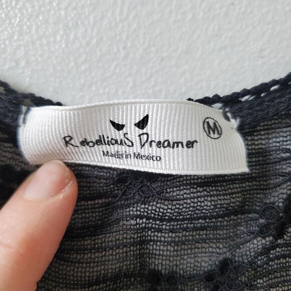 Y2K 90s Whimsigoth Goth Shirt Womens Medium Black Sheer Lace V Neck Tie Front - Picture 3 of 9